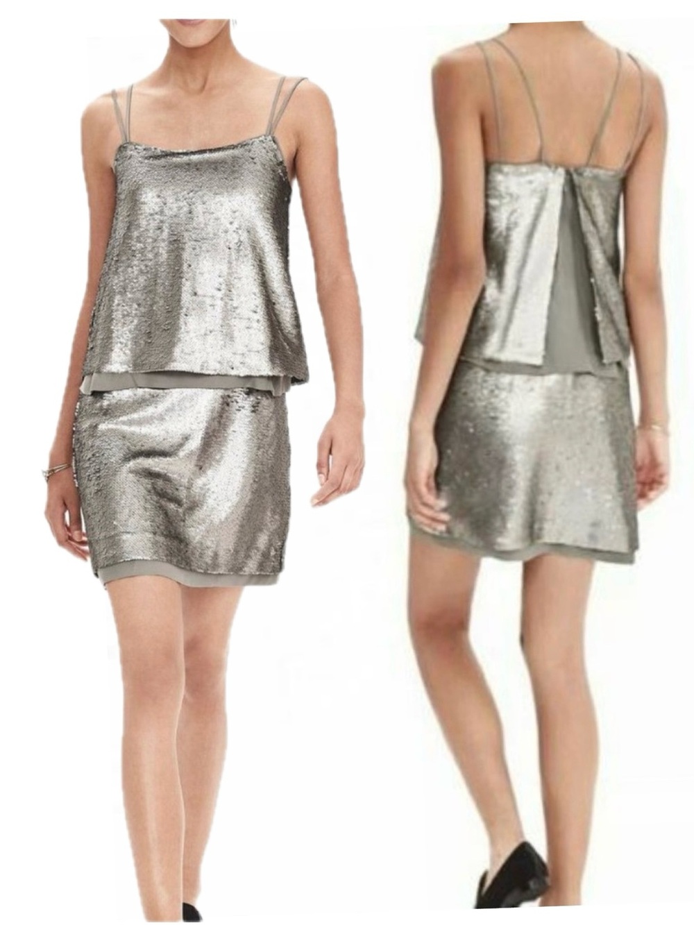 Banana Republic Silver Sequin Blouson Camisole Mini Dress Petite 4 NWT